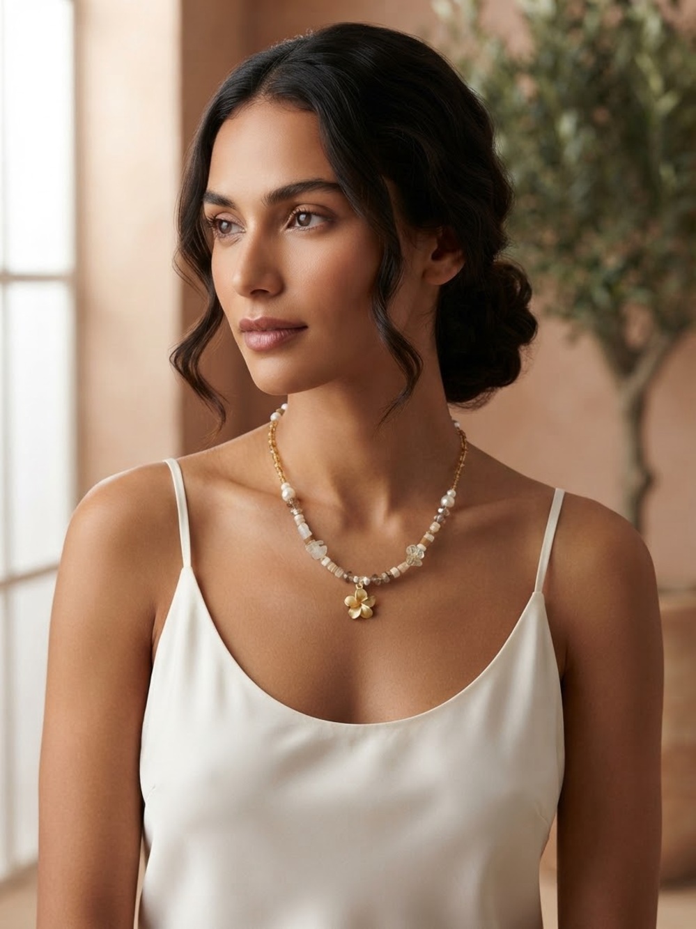 Gold and Pearl Floral Charm Necklace - Women's Jewelry